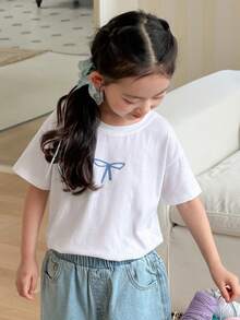 DAZY Young Girl Slogan Bow Print Round Neck Short Sleeve Casual T-Shirt - White - View 5