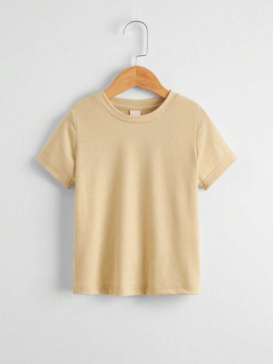 SHEIN Explorewe Boys' Solid Color Round Neck Short Sleeve Casual T-Shirt - Khaki - View 1