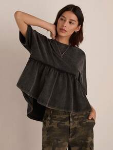 Easelle Camiseta de mujer de cuello redondo de punto casual de manga corta negra - Negro - Ver 1