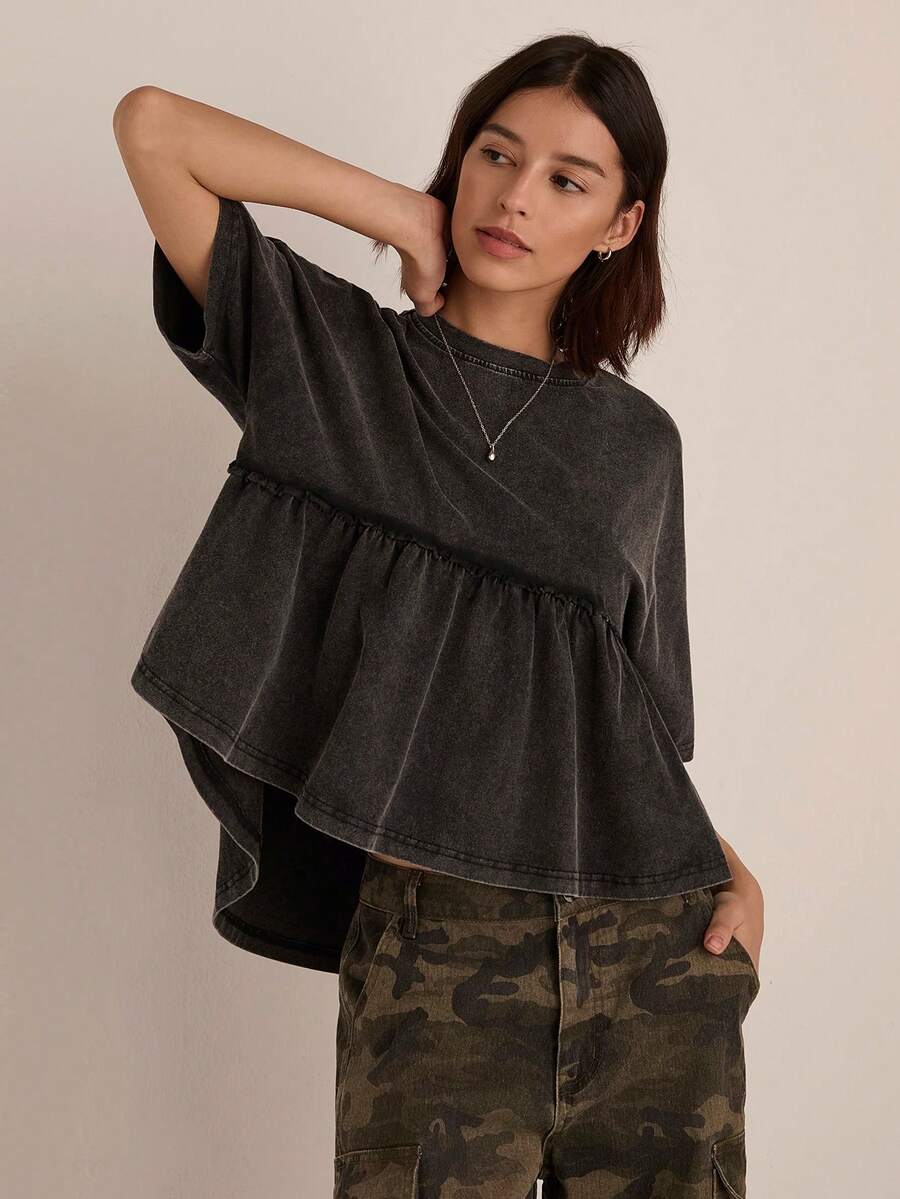 Easelle Camiseta de mujer de cuello redondo de punto casual de manga corta negra - Negro - Ver 1