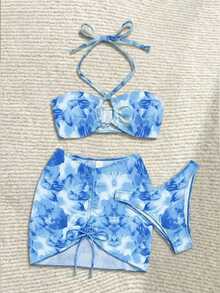 Soleia Bộ bikini hai mảnh hở lưng in hoa dành cho nữ, kèm váy sarong. - Màu xanh nhạt - Xem 6