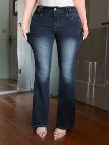 Dazy Plus Stretchy Skinny Sexy Distressed Flare Jeans, Versatile All-Season - Dark Wash - View 6
