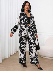 SHEIN Lady 2pcs Women Casual All-Over Print Long Sleeve Shirt And Pants Set - Black and White - View 7