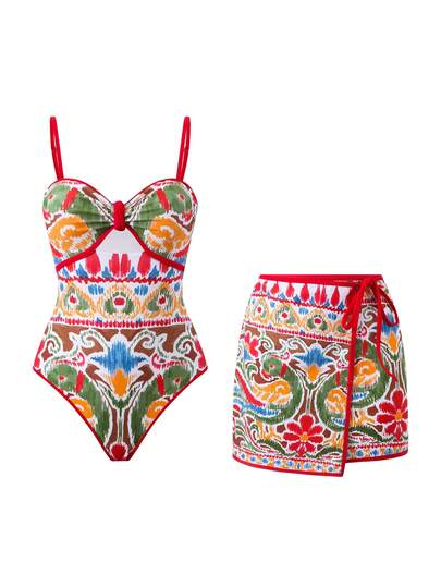 Swim Oasis Women's Bohemian Style One-Piece Swimsuit With Skirt, Suitable For Beach, Vacation, And Dates, Spring/Summer Two Piece Set Women Multicolor