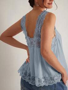 Freevana Camiseta de mujer de talla grande, romántica y elegante, con nuevo diseño de encaje y parches para la primavera temprana - Celeste - Ver 2