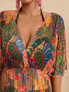 Travachic Áo khoác ngoài đi biển dáng rộng cổ chữ V in họa tiết hoa nhiệt đới cỡ lớn dành cho nữ, thích hợp cho kỳ nghỉ thường ngày. - Đỏ - Xem 6