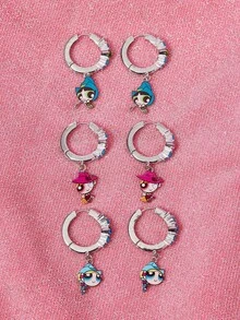 THE POWERPUFF GIRLS X SHEIN 一套锌合金卡通图案水钻耳钉，简约优雅，适合派对、音乐会、节日等场合佩戴。 - 白金 - 查看 5