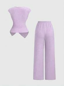 Sweetra Bộ đồ nữ tối giản, chất liệu dệt kim, thoải mái, khóa kim loại trang trí, gồm 2 món, thích hợp cho việc đi làm hàng ngày, kiểu dáng thanh lịch, phù hợp cho mùa thu. - Màu tím hoa cà - Xem 2