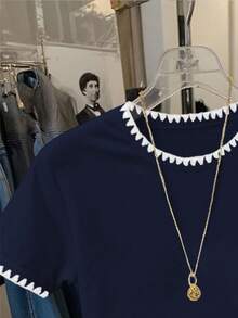 Resyla Camiseta casual de mujer con bordado y ribete de contraste, verano - Negro - Ver 5