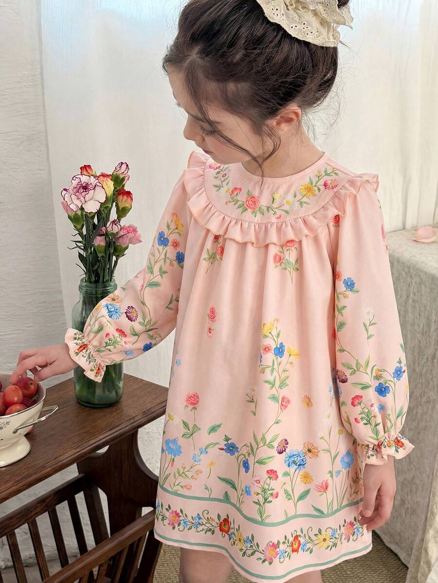 LMoss Kids 少女花卉印花荷葉邊休閒度假日常洋裝 - 粉色 - 查看 1
