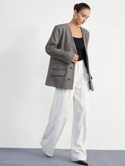 Aveloria Modichic Elegant Houndstooth V-Neck Oversized Blazer Jacket For Women, Versatile For Work & Casual, Coffee Color