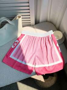 Comfortcana Quần short nữ màu hồng in chữ tương phản, thích hợp mặc hàng ngày, làm quần short bóng rổ hoặc quần cargo. - Hồng - Xem 2