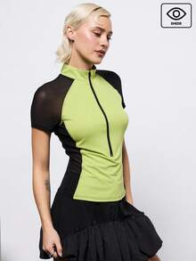COUREZ Short Sleeve Mock Neck Sporty Sheer Top , Y2K Spring Going Out Top - Multicolor - View 1