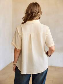 Roveilla Women's Sheer Linen French Elegant Commute Vacation Romantic Casual Afternoon Tea Dropped Shoulder Ruffle Collar Placket Long Loose Short Sleeve Blouse - Apricot - View 2