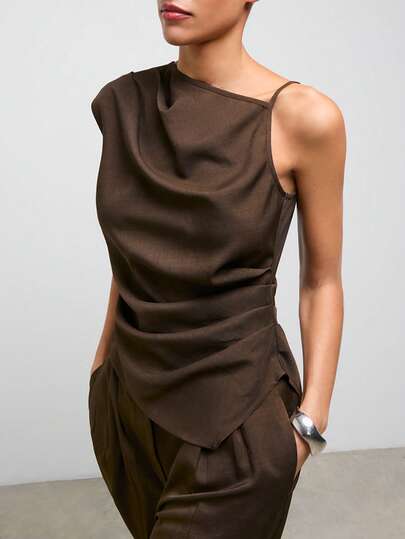 Maija Set de bluză și pantaloni cu design asimetric în culori solide pentru femei