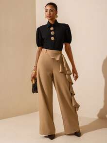 Vesra Women's Elegant Solid Color Ruffle Hem Wide Leg Pants - Khaki - View 6