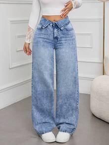 SHEIN Tall Summer Women's Casual Commuter Style With A Fashionable Fold-Over Waistband Design Loose Fit Distressed Denim Jeans - Medium Wash - View 7