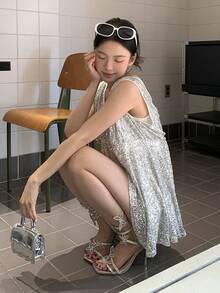 DAZY 女士时尚晚礼服，V领闪亮亮片衬衫 - 白色 - 查看 6