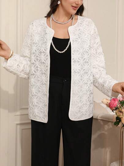 EMERY ROSE Plus Size Women White Lace Jacket, Elegant For Commute And Wedding Season, Spring/Summer