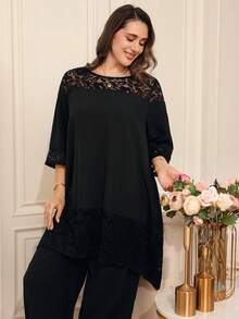 EMERY ROSE 大码女式蕾丝拼接宽松套装。优雅休闲，通勤，春夏皆宜。 - 黑色 - 查看 4