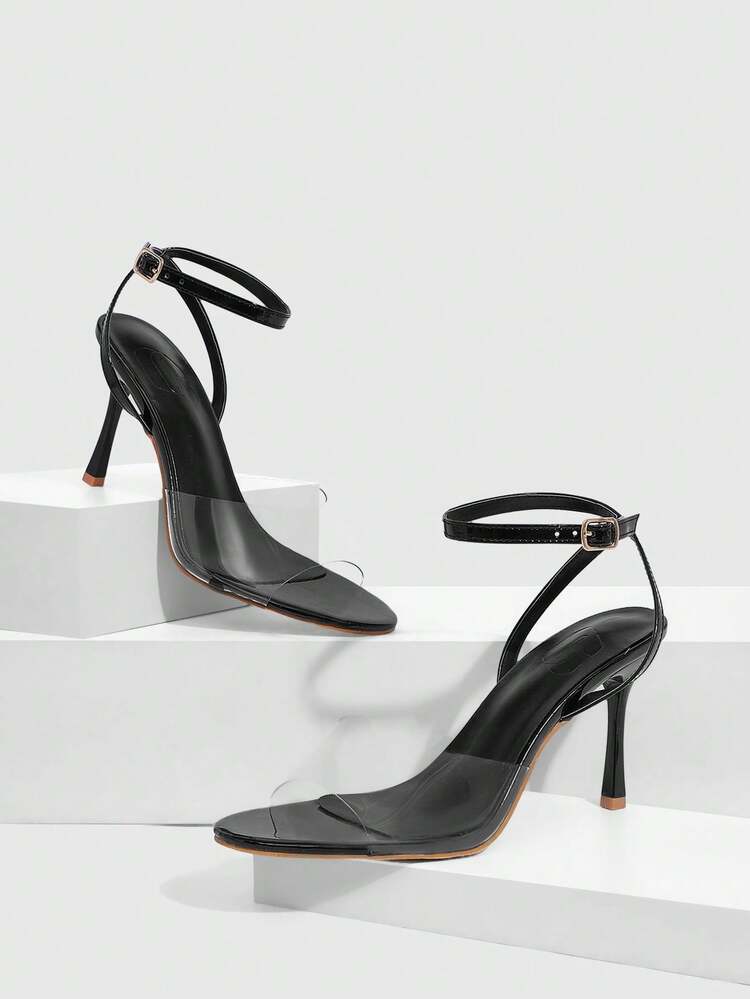 CUCCOO SZL Women Shoes Round Toe Thin Heel Black Transparent Film Ankle Strap Women's High Heel Sandals Simple Fashion Sexy Party High Heel Sandals Sandals Prom Heels