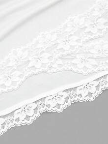 Sweetra Áo thun nữ cổ chữ V phối ren đan chéo, thích hợp cho đầu thu. - trắng - Xem 5