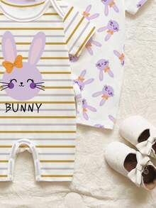 Souflis Souflis 3件套新生儿女宝宝男女通用0-3岁可爱兔子条纹印花短袖连体衣，适合春夏外出、拍照或日常穿着。兔子印花婴儿套装，夏季婴儿套装，休闲婴儿套装，女宝宝连体衣，婴儿套装，婴儿服装，男女通用婴儿服装，婴儿连体衣，妈妈女孩套装，女宝宝连体衣 - 彩色 - 查看 3
