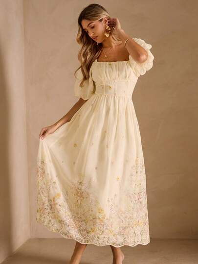 Enchnt Vestido largo con cintura ceñida y estampado floral elegante, para verano