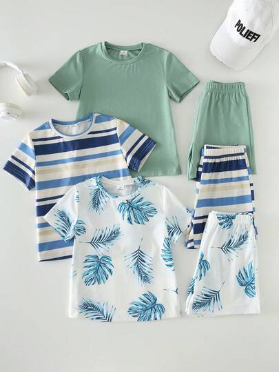 SHEIN 3件套男童休闲度假条纹树叶印花短袖T恤和松紧腰短裤