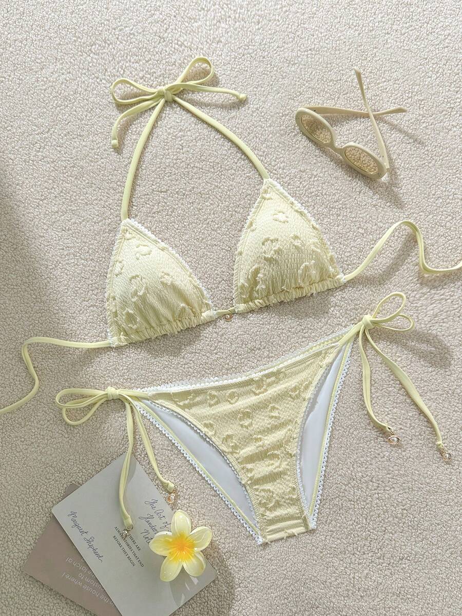 Swim Mod 2022 Spring/Summer Vacation Beach Textured Fabric Triangle Cup Floral Trim Cute Sweet Bikini 2 Pieces Set 2026 New Women's Swimwear ArrivalFor School,Suitable For Holiday, Date, Afternoon Tea, Western, Cruise, Beach, Island, Road Trip, All Seasons, Music Festival, Boho Vacation,Bohemian Vacation, Chill Autumn ,Western Boho ,Elegant Tops For Women - Yellow - View 1