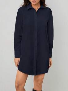 SHEIN Tall White Shirt Style Work Dress For Women, Spring - Navy Blue - View 5