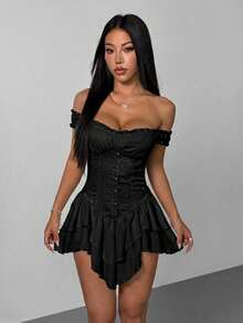 SHEIN PETITE 女士白色褶皱提花腰部拼接荷叶边露肩层叠荷叶边A字雪纺迷你连衣裙，优雅适合派对和年轻女孩穿着，白色束身连衣裙，白色迷你连衣裙，白色派对服装，束身连衣裙 - 黑色 - 查看 6