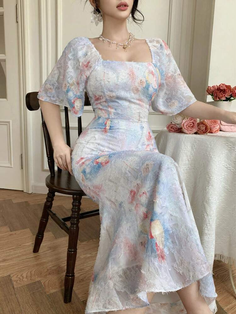 Women's Elegant Floral Textured Square Neck Fishtail Midi Dress, Summer,Wedding Guest Dress Women Sundress