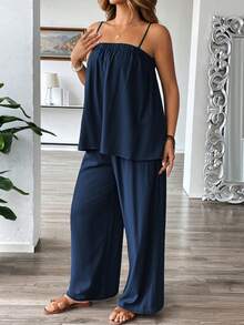 Roveilla 大码女士亚麻混纺休闲连体裤，宽松无袖连身裤，适合通勤、度假、海滩、春夏穿着。女士度假套装，夏季裤装套装，两件套，舒适两件套，女士两件套西装。 - 藏蓝色 - 查看 3