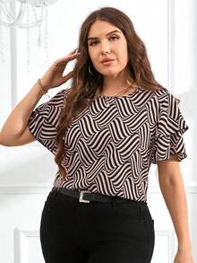 SHEIN Clasi Plus Size Round Neck Double Layer Sleeve Striped Print Top - Baby Pink - View 5