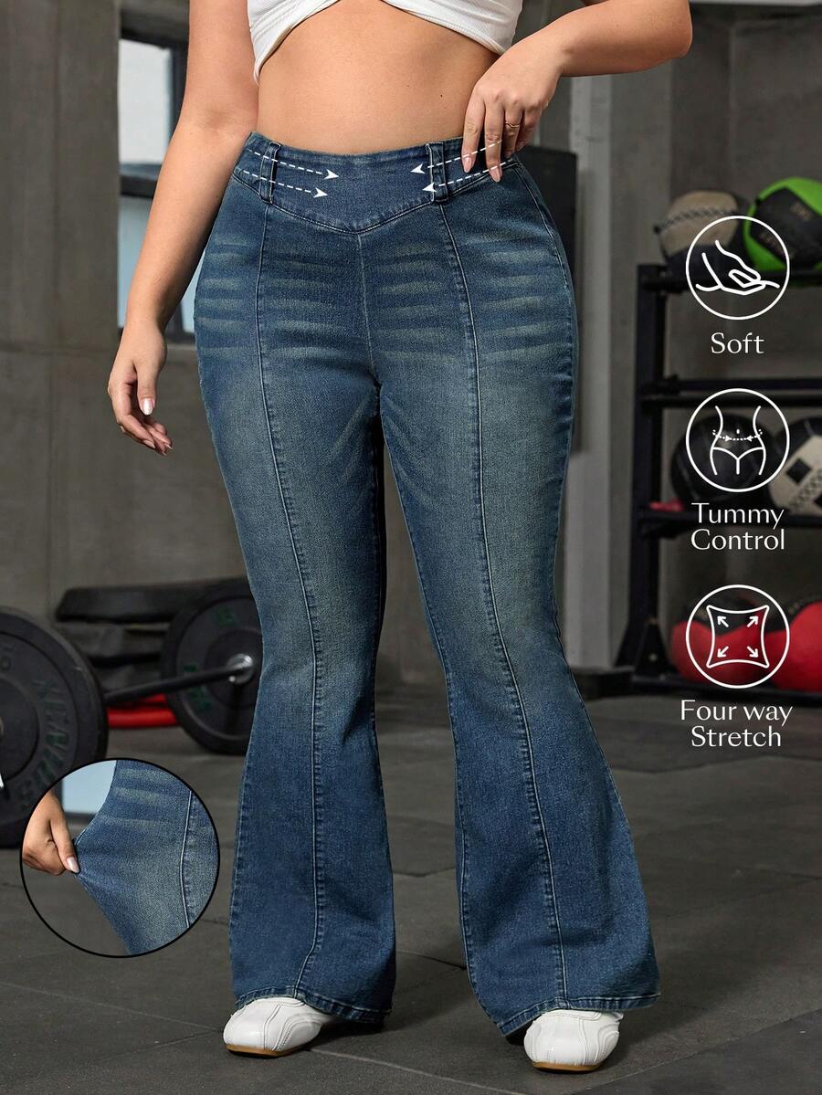 Flexra Plus Size Casual Everyday Washed Slant Pocket Flare Jeans - Blue - View 1