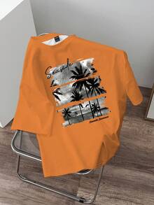 Manfinity RSRT Camiseta casual de cuello redondo y manga corta para hombres, versátil para el verano - Naranja Quemada - Ver 2