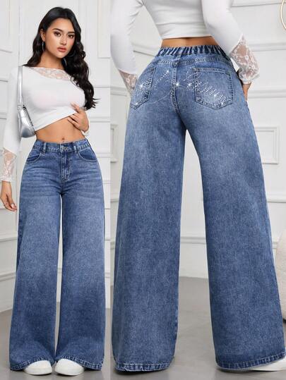 SHEIN Tall Women's Summer Low Waist Pockets Wide Leg Loose Casual Versatile Jeans