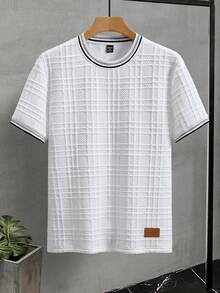 Manfinity Homme Camiseta de punto jacquard de unicolor con textura para hombres, con etiqueta de cuero y cuello acanalado - Blanco - Ver 3