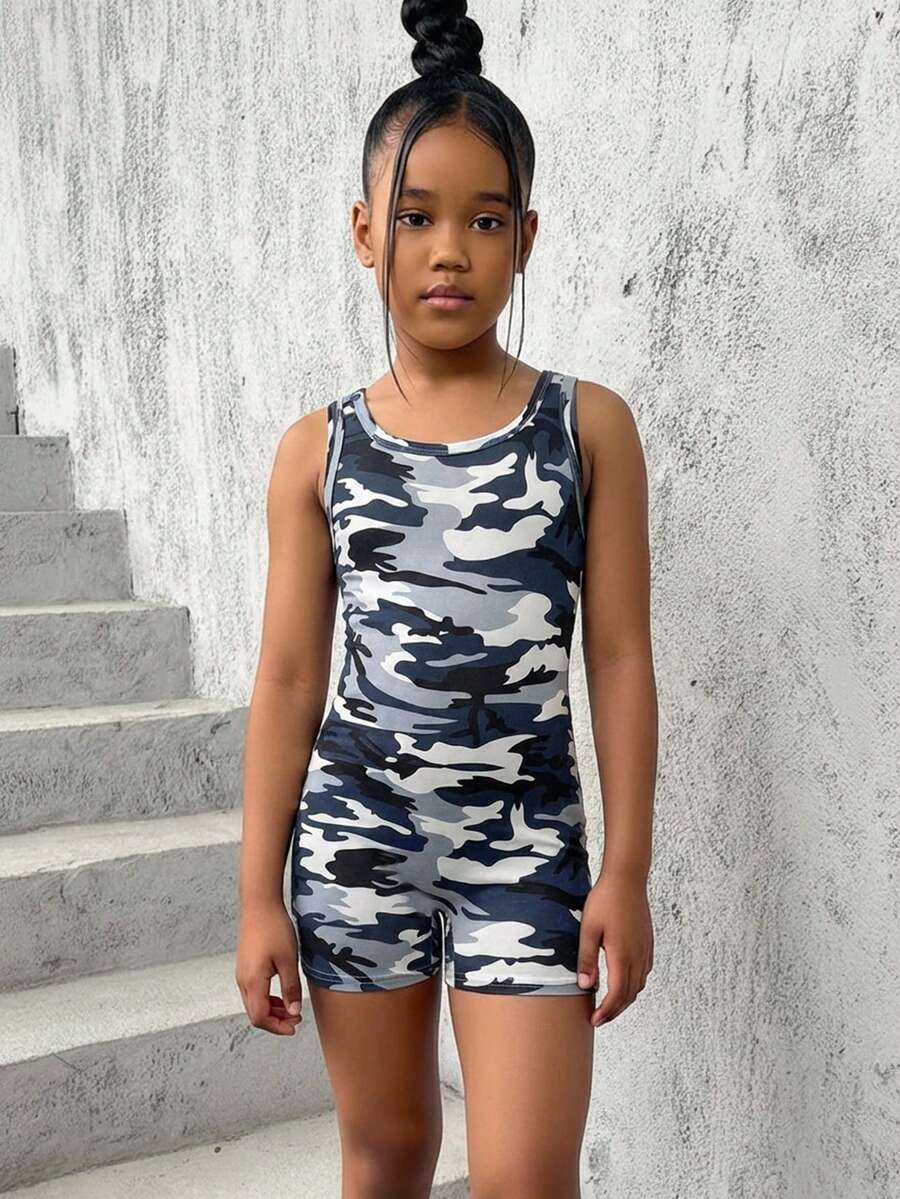SHEIN Tween Girls' Casual Fashionable Street Style Camouflage Pattern U-Neck Fitted Printed Jumpsuit - Blue - View 1
