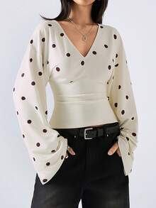 LYSMO 女士休闲通勤波点印花喇叭袖上衣 - 淡黃色 - 查看 4