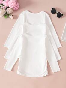 SHEIN 3件套女童经典休闲褶皱腰身纯色圆领长袖T恤，舒适时尚，适合旅行，色彩鲜艳，春秋季款 - 白色 - 查看 2