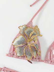 Swim Oasis 3件套夏季新款高端亮片刺绣花卉三角比基尼聚拢泳衣女款 - 粉色 - 查看 4