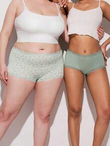 LUVLETTE Bộ 3 quần lót nữ cạp cao bằng cotton viền ren, kiểu quần đùi ngắn cơ bản - Họa tiết hoa, viền ren - Màu xanh lá cây - Nhiều màu - Xem 12