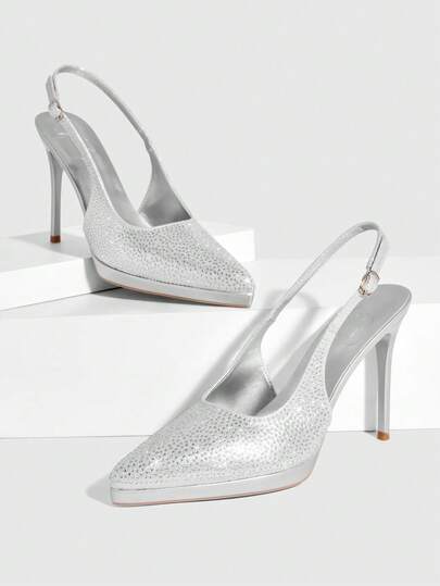 CUCCOO SZL Women Shoes Women's Pointed Thin High Heel Height Water Table Silver Rhinestone Women's High Heel Shoes Back Lift Slingback Shoes Wedding Party Banquet Nightclub Stylish Gorgeous Simple High Heel Women's Shoes