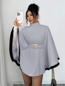 SHEIN Elenzya 女士披肩式喇叭袖套头衫羊毛混纺优雅休闲街头通勤商务浪漫约会派对圣诞节秋冬杏色羊毛大衣 - 淺灰色 - 查看 6