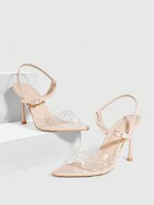 CUCCOO SZL 女士春夏尖头细高跟杏色透明水钻性感时尚华丽后踝带裙摆宴会派对夜店女士高跟凉鞋露趾凉鞋 - 米色 - 查看 1