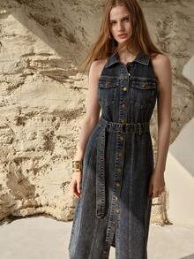 MOTF PREMIUM WOMEN'S DENIM SLEEVELESS BELTED MIDI DRESS, ELEGANT FOR DATES, SPRING/SUMMER - Blue - View 4