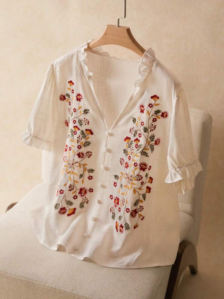 Elaquor Plus Size Summer Casual Floral Embroidery Notched Neck Shirt Flower Blouses For Women Blouse Summer Women Summer Shirts  V Neck Blouses For Women  Spring/Summer Casual Vacation Blouse For Women, Summer Tops - Apricot - View 5