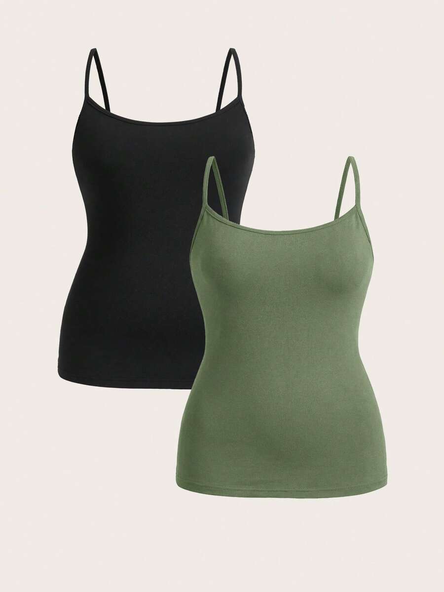 SHEIN Essnce Áo Camisole dài màu đen thoải mái, đa năng, phù hợp cho cả bốn mùa, quần áo nữ cỡ lớn, quần áo mùa thu, áo ôm dáng, áo đen, áo camisole nữ. - Nhiều màu - Xem 1